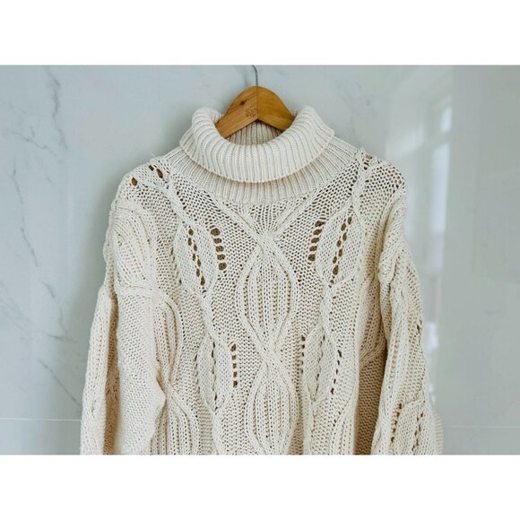 MODA White Knitted Oversized Cotton Sweater Turtleneck Size Small - Picture 6 of 10